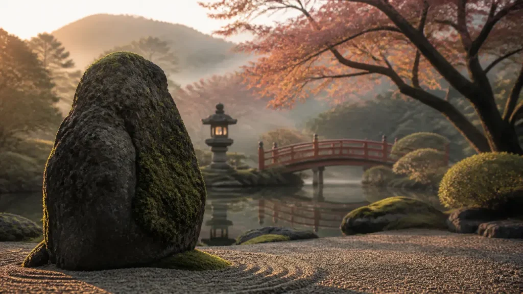 Jardin japonais : pierre, eau, lanternon et perspective sur un mini paysage
