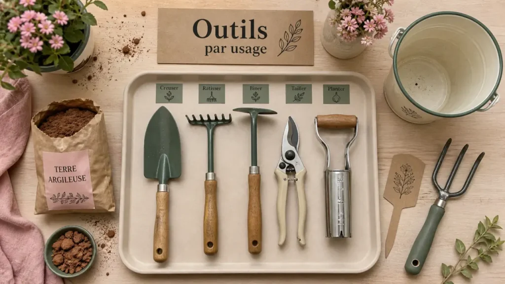 Outils du jardinier : bêche, sécateur et plantoir pour chaque tâche