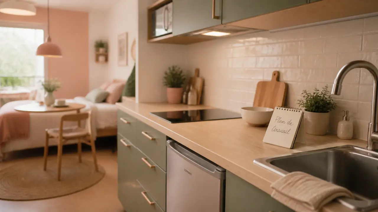 Petite cuisine équipée pour studio, plan de travail dégagé entre évier et plaques