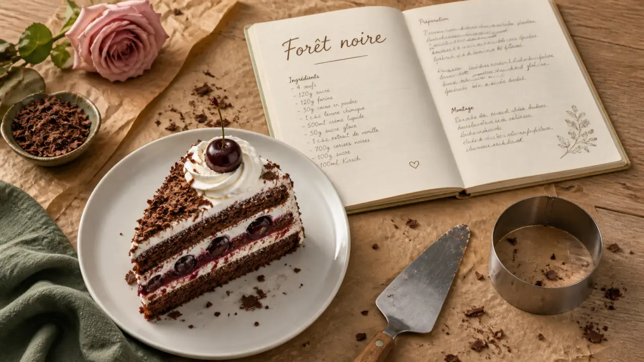 Recette gâteau forêt noire facile : part de forêt noire maison, génoise chocolat et chantilly