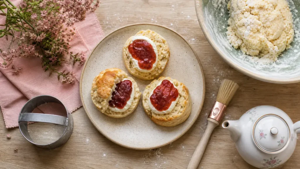 Recette scones anglais : scones dorés fendus, beurre froid 200°C