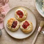 Recette scones anglais : scones dorés fendus, beurre froid 200°C