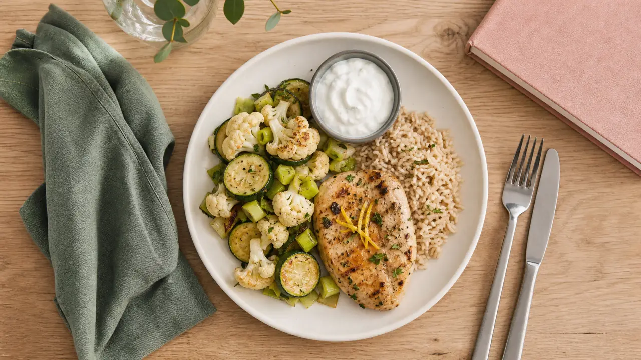 Regime idee recette : assiette légère poulet citron, skyr et légumes wok