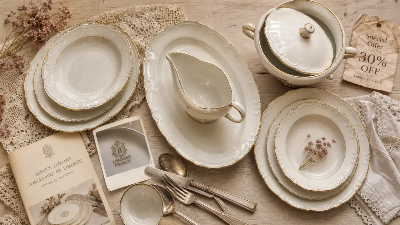 Service de table porcelaine limoges : assiettes et estampille sur porcelaine dorée