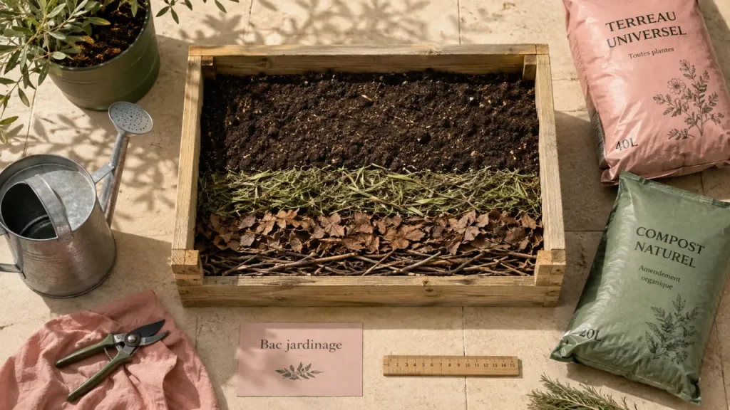 Bac jardinage surélevé en bois : couches de remplissage et drainage