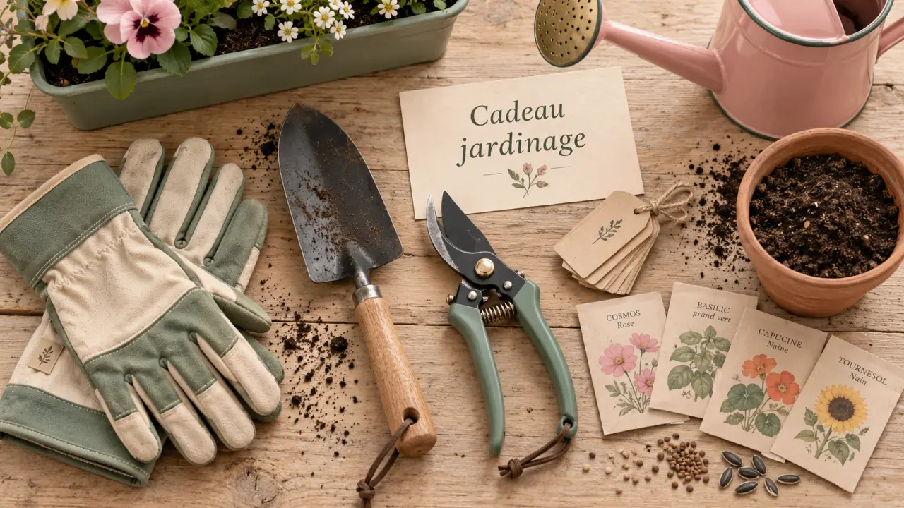 Cadeau jardinage : kit jardinage utile (gants, sécateur, graines)