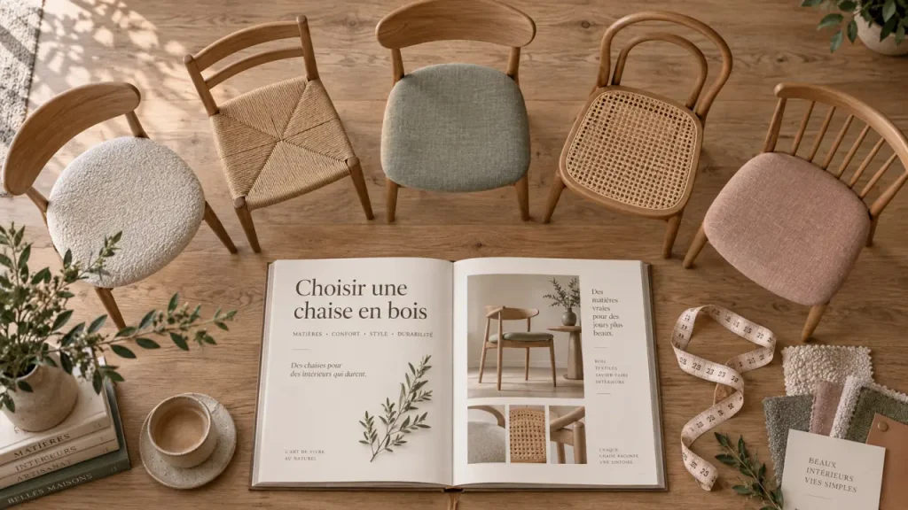 Chaise en bois pour salle à manger : chaises en bois, lin beige et cannage naturel