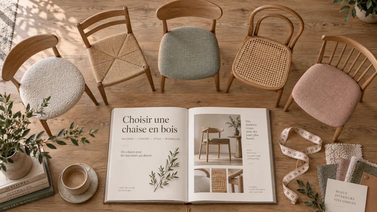 Chaise en bois pour salle à manger : chaises en bois, lin beige et cannage naturel