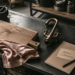 Cuisine équipée industrielle : îlot acier noir mat et bois brut, ambiance atelier culinaire