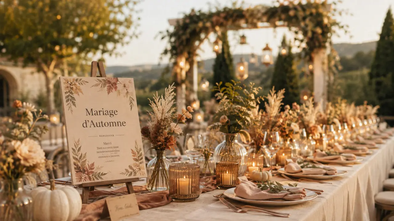 Décoration mariage automne : bougies terracotta et feuillage automnal sur table en lin.