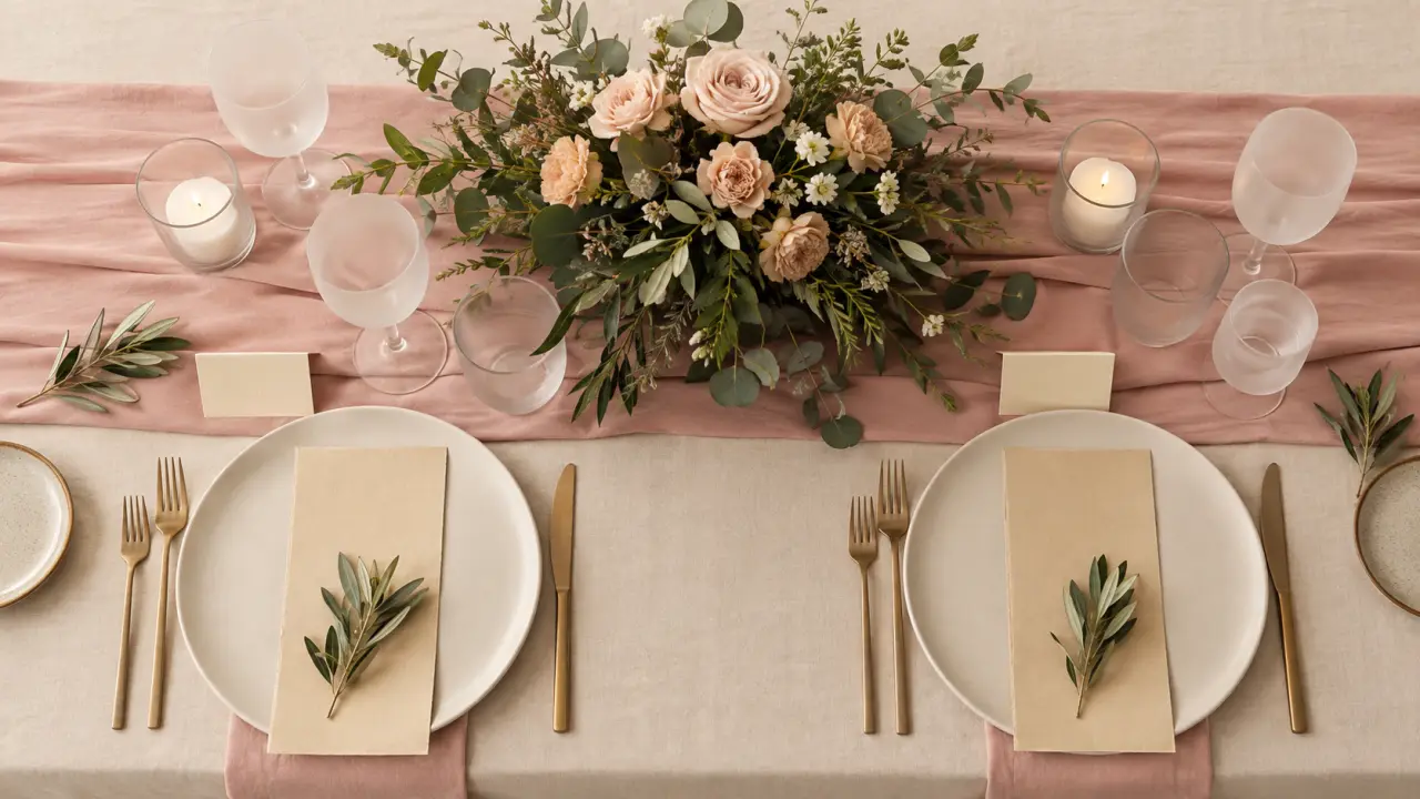 Décoration mariage simple et chic : table en lin, palette nude et bougies