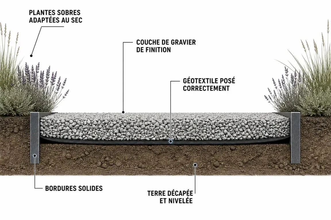 Gravier jardin sans entretien : coupe d’un aménagement avec géotextile, gravier et bordures