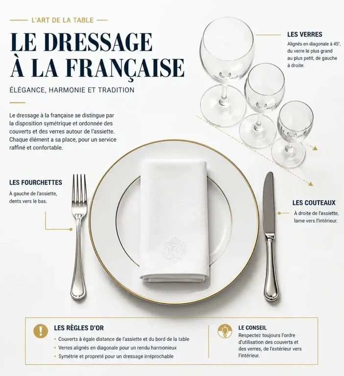 Détail du placement des couverts pour un dressage à la française
