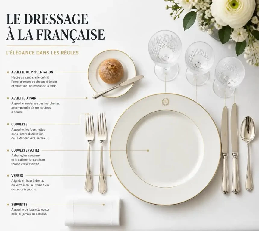 Schéma de dressage de table à la française vue de dessus