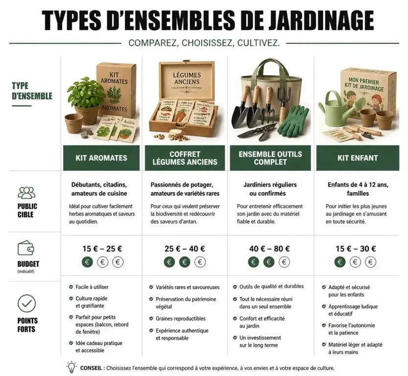 Tableau comparatif des différents types d'ensemble de jardinage pour choisir le kit adapté à ses besoins