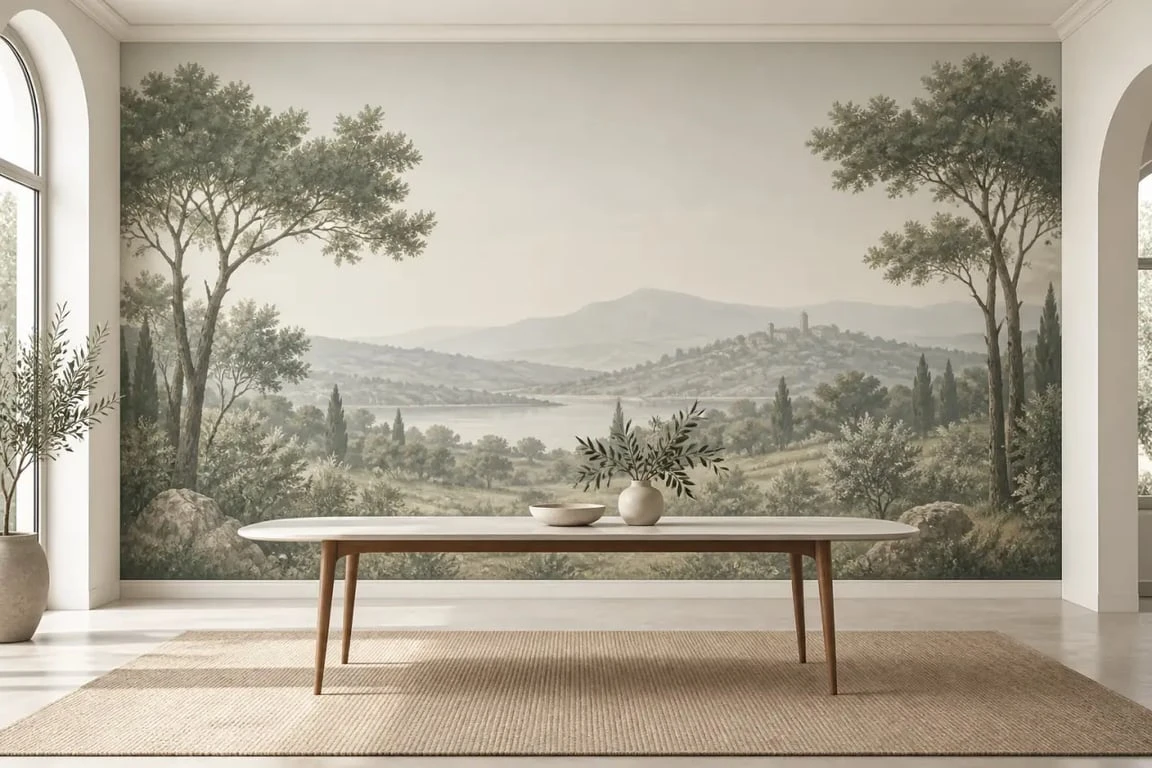 Papier peint salle à manger panoramique derrière une table dans une pièce lumineuse