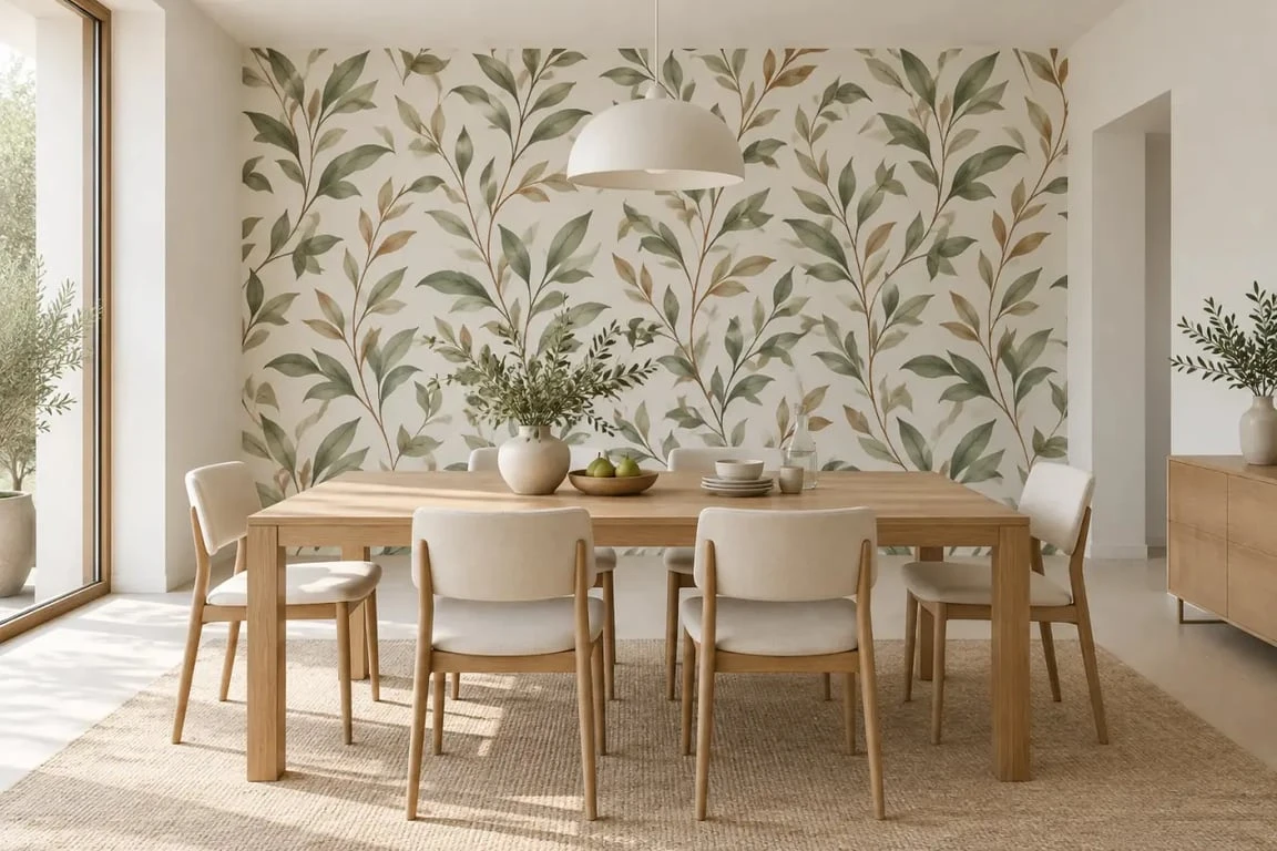 Papier peint salle à manger botanique sur le mur derrière une table en bois