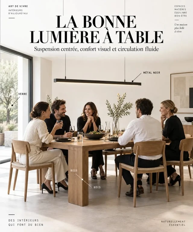 Suspension salle à manger linéaire au-dessus d’une table en bois