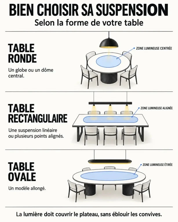 Infographie pour choisir une suspension salle à manger selon la forme de la table