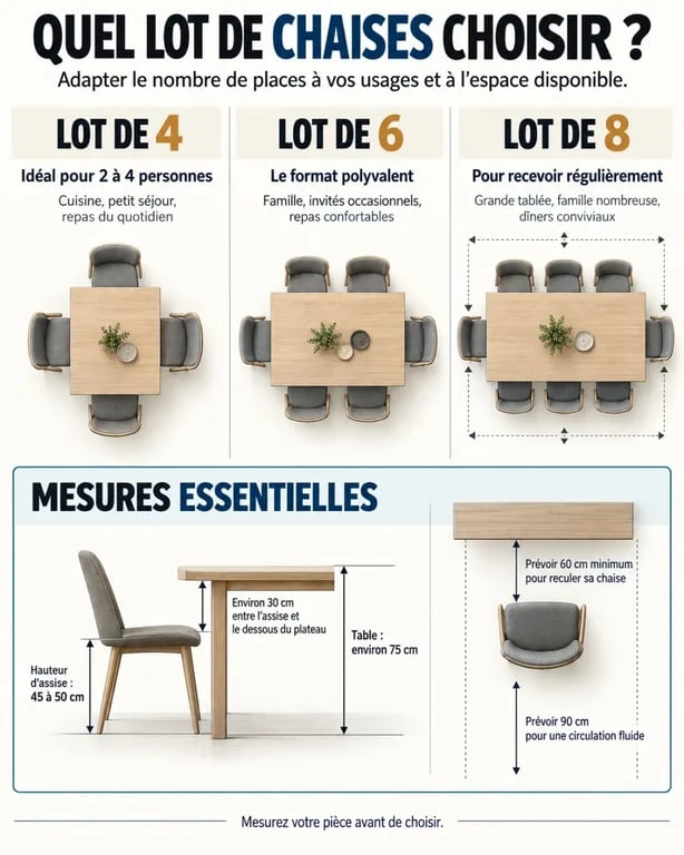 Infographie pour choisir un lot de chaises salle à manger selon le nombre de places et les mesures