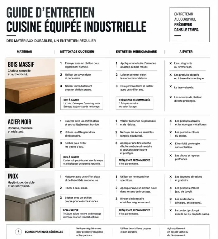 Guide d'entretien des matériaux pour une cuisine équipée industrielle