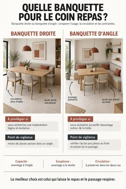 Infographie comparant une banquette salle à manger droite et d’angle selon la configuration de la pièce