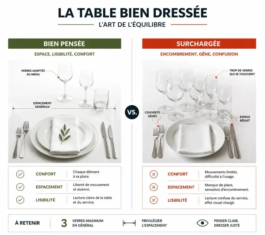 Dressage de table ordre des verres sur une petite table, placement harmonieux ou surchargé