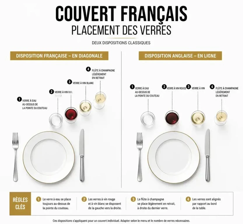 Dressage de table ordre des verres avec dispositions française et anglaise
