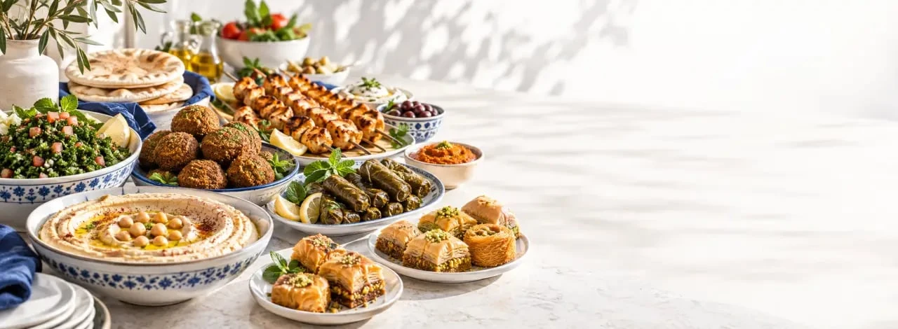 Buffet de traiteur libanais à Suresnes avec mezzés, grillades et pâtisseries orientales