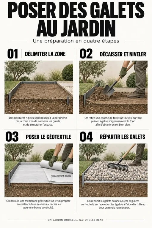 Étapes de pose de galets jardinage avec bordures, géotextile et égalisation au râteau
