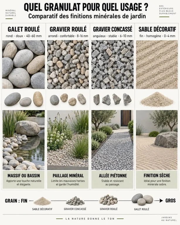 Infographie sur les galets jardinage, graviers roulés, concassés et sable décoratif selon leurs usages