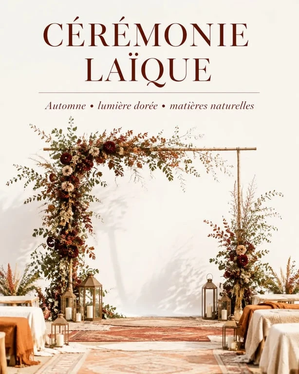 Décoration mariage automne pour une cérémonie avec arche florale, lanternes et plaids