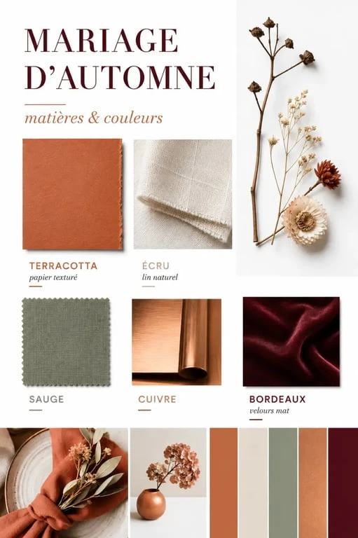 Décoration mariage automne : palette de couleurs et matières avec terracotta, écru et bordeaux