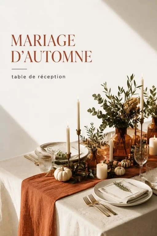 Décoration mariage automne sur une table élégante avec lin écru, terracotta et bougies