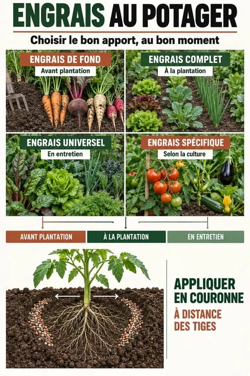 Infographie sur le choix d’un engrai jardin potager et les moments d’application