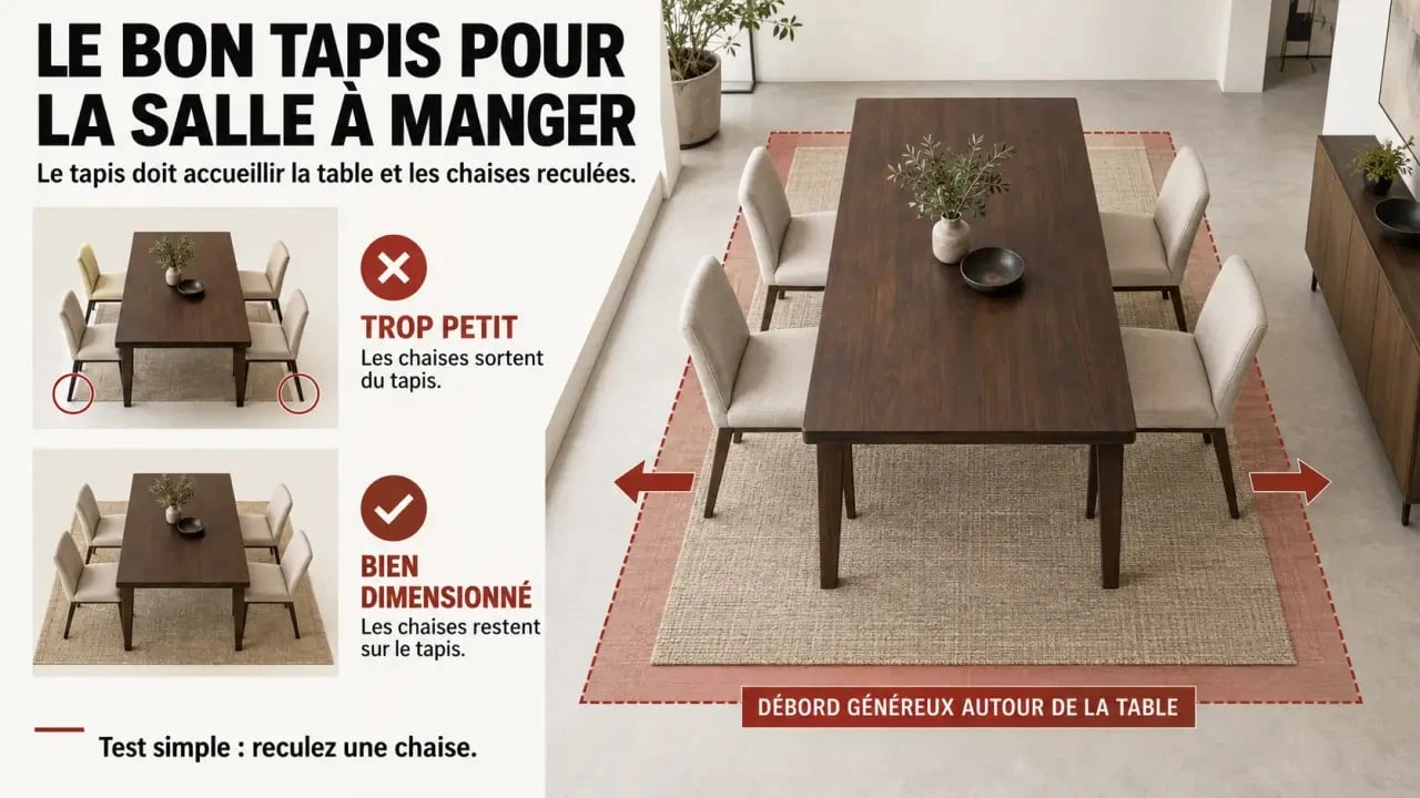 Infographie sur la taille d’un tapis pour salle à manger sous une table avec les chaises reculées