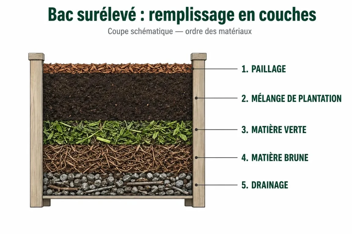 Remplissage en couches d’un bac jardinage surélevé avec drainage, matière brune, matière verte et mélange de plantation