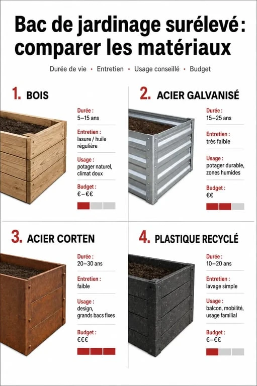 Comparatif bac jardinage surélevé : bois, acier galvanisé, acier Corten et plastique recyclé