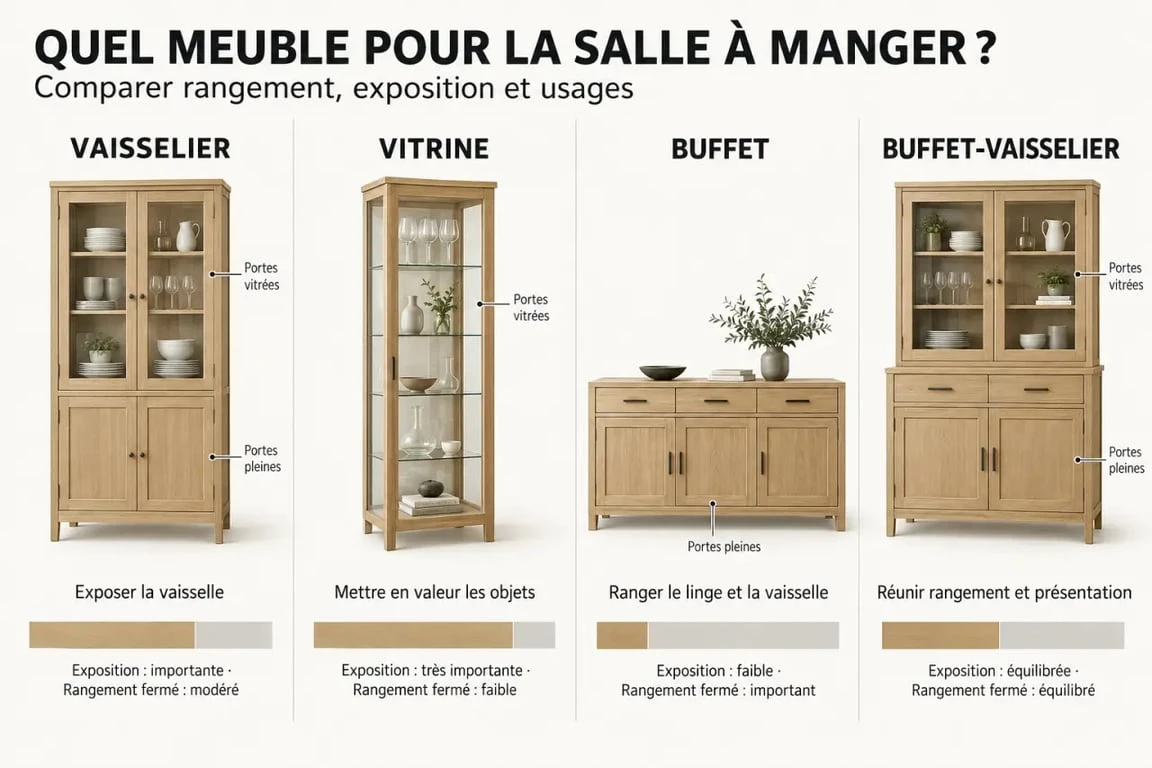 Comparaison d’un vaisselier salle à manger avec une vitrine, un buffet et un buffet-vaisselier