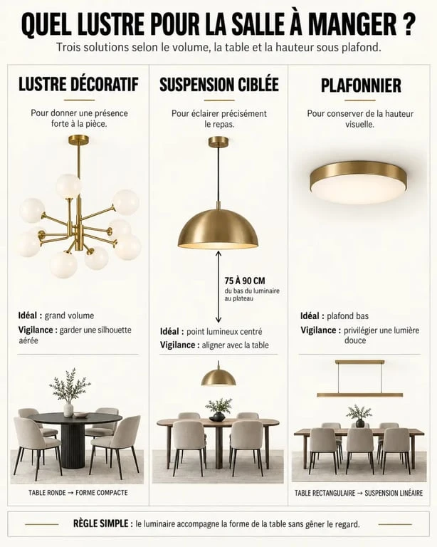 Infographie pour choisir un lustre pour salle à manger selon la forme de la table et la hauteur de pose