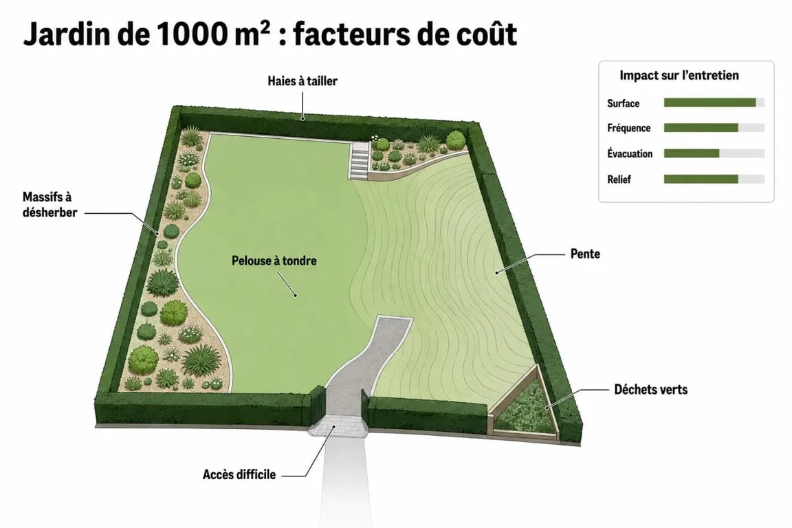Coût entretien jardin 1000 m2 : infographie des principaux facteurs qui font varier la facture