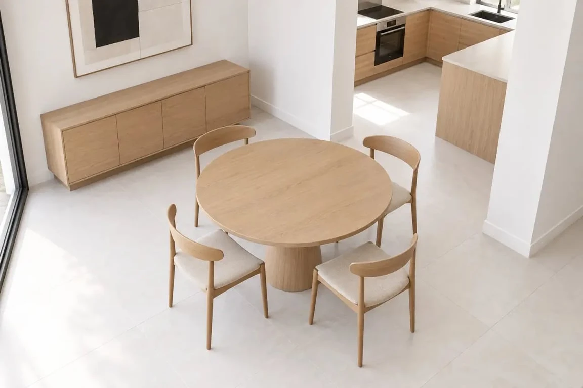 Mise en situation d'une table ronde salle à manger dans un espace compact avec circulation fluide