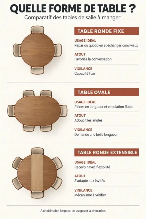 Comparatif visuel de table ronde salle à manger, table ovale et table extensible