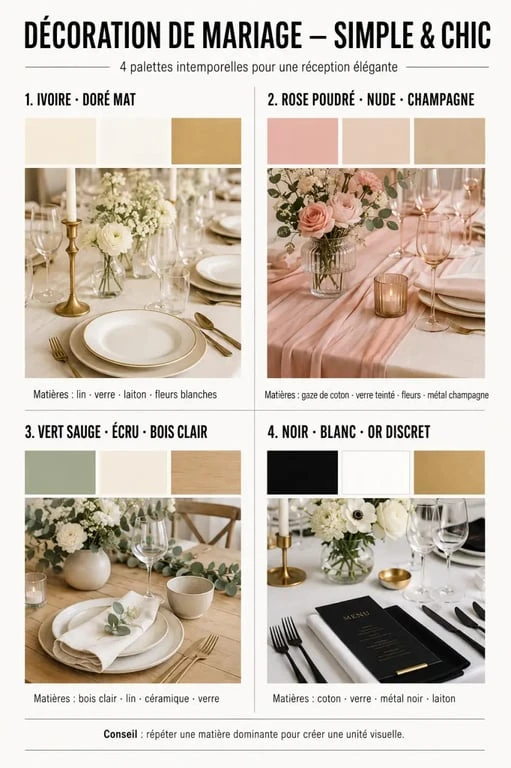Infographie de décoration de mariage simple et chic avec quatre palettes de couleurs et matières