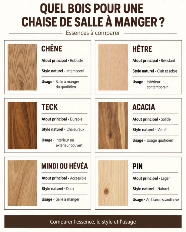 Infographie des essences de bois pour une chaise en bois pour salle à manger