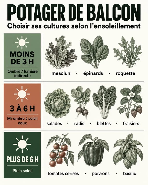 Infographie pour aménager un coin potager sur son balcon urbain selon l'ensoleillement
