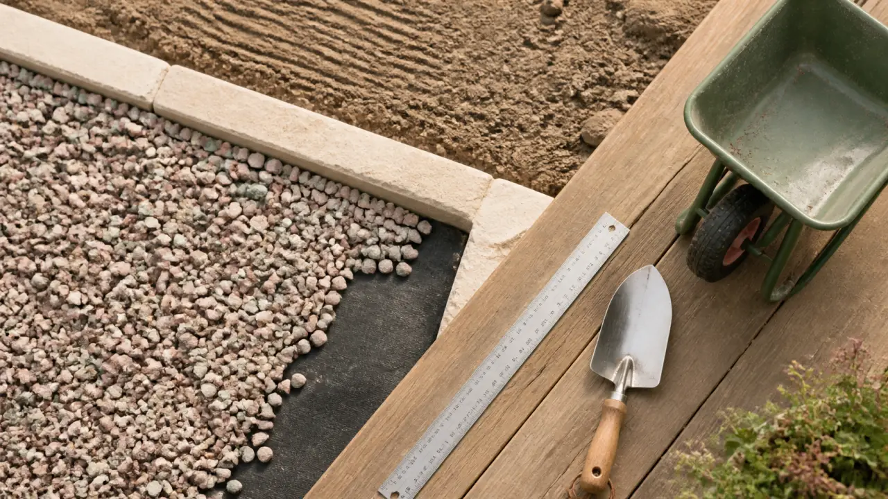 Gravier jardin sans entretien avec géotextile et bordures
