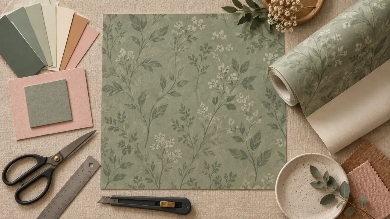 Papier peint salle à manger avec motif botanique et rouleau vinyle