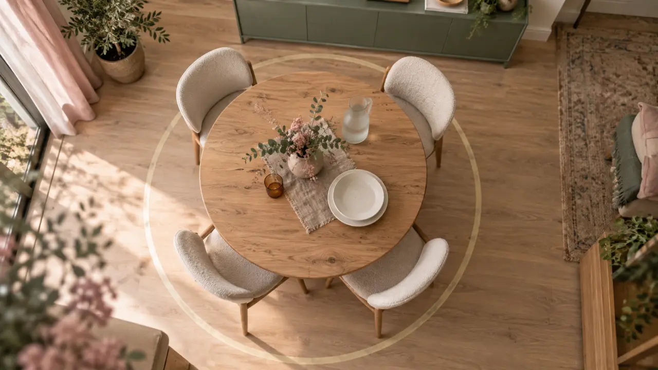 Table ronde salle à manger : diamètre adapté, 4 chaises, salle à manger lumineuse