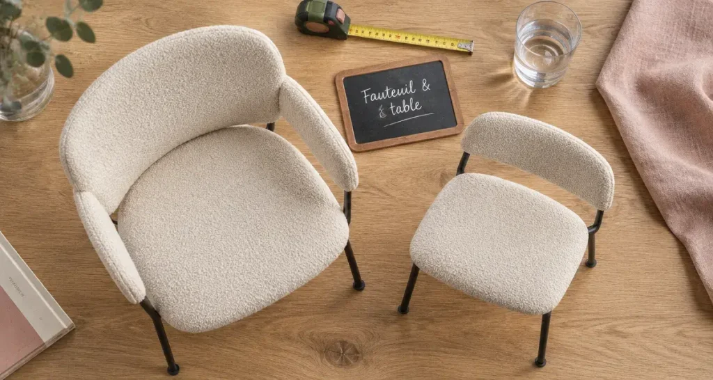 Fauteuil salle à manger en tissu crème sur table en chêne, dimensions et matière